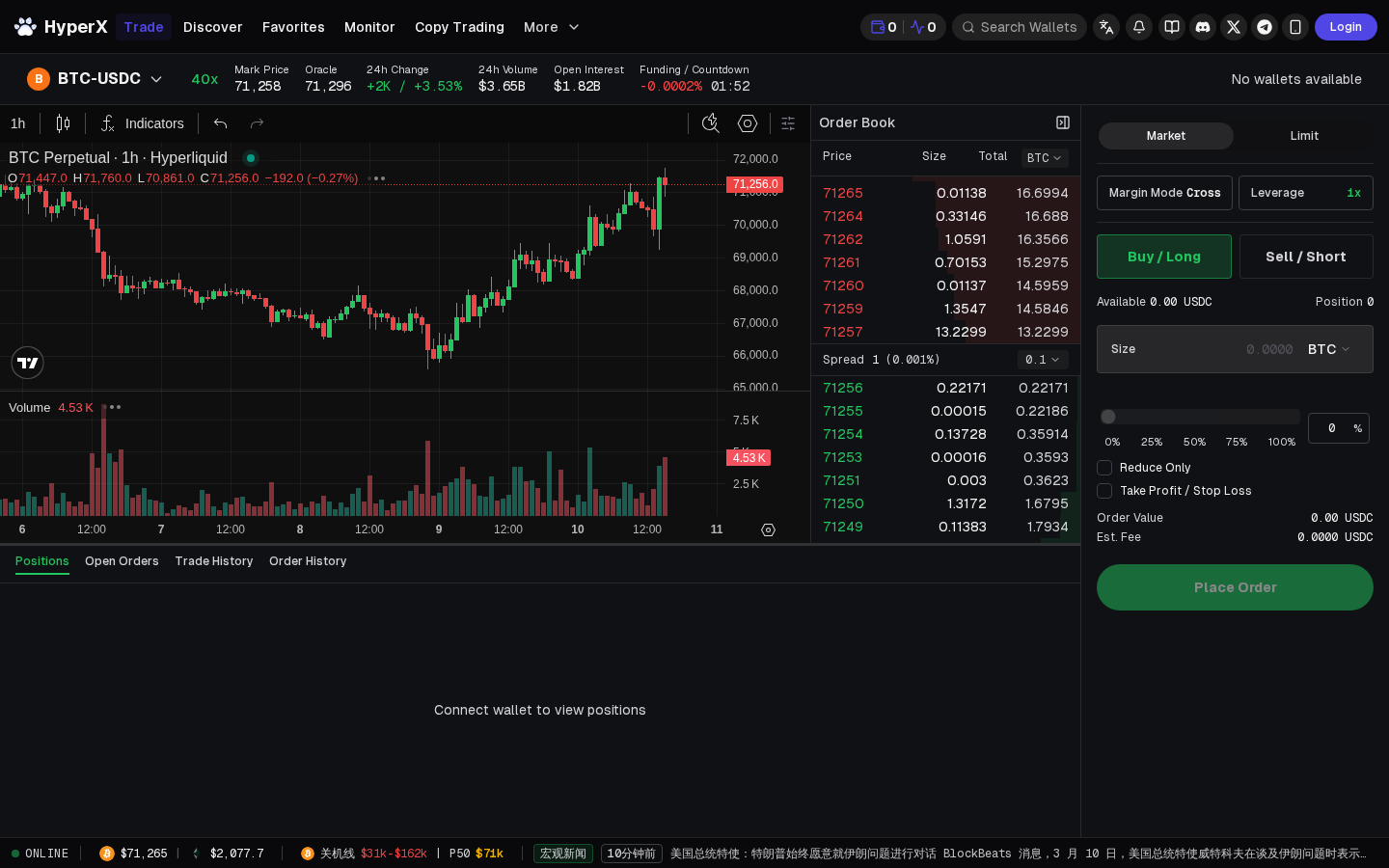 HyperX Trading Interface — professional TradingView charts with orderbook and one-click execution on Hyperliquid